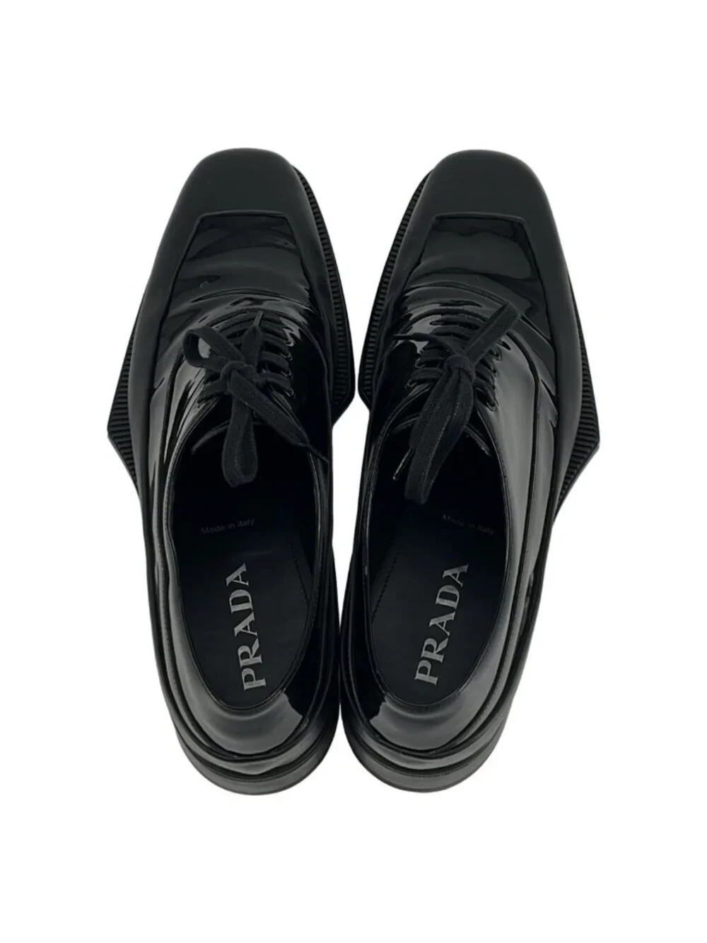Prada Square Toe Rubber Sole Leather Derby Shoes 9 Black